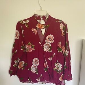 Burgundy Floral Long Sleeve Women’s Blouse